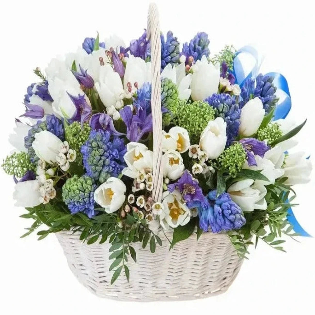 Basket of Blue and White Flowers