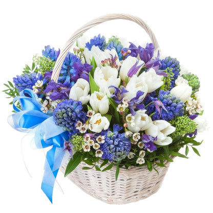 Basket of Blue and White Flowers