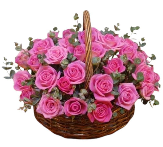 Basket of Roses with Eucalyptus