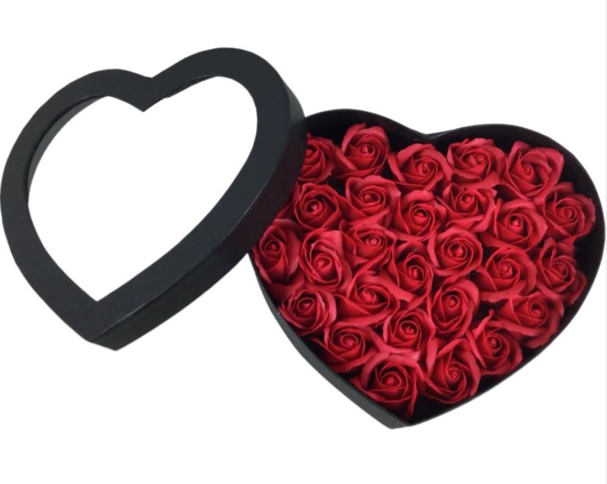 Black Heart Shaped Box with Red Scented Artificial Roses