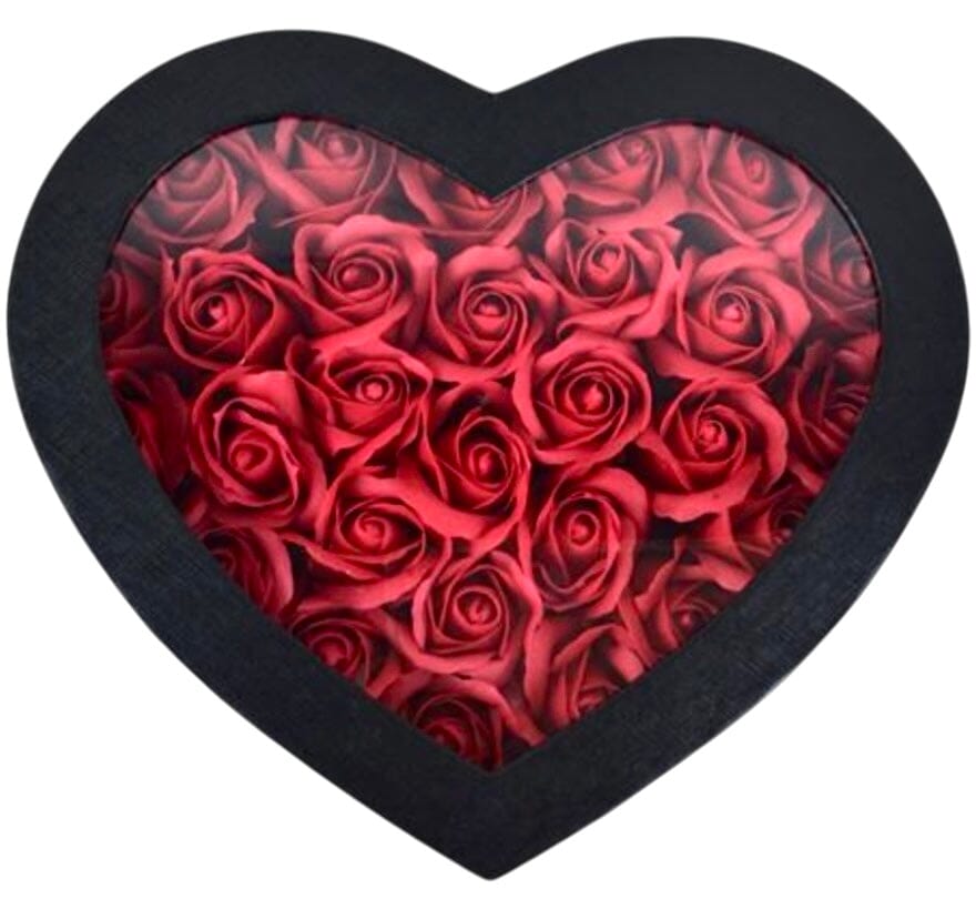 Black Heart Shaped Box with Red Scented Artificial Roses