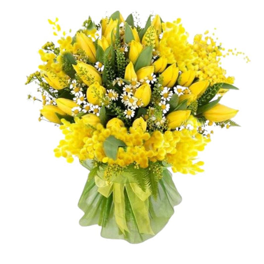 Bouquet of Mimosa & Tulips with Tanacetum