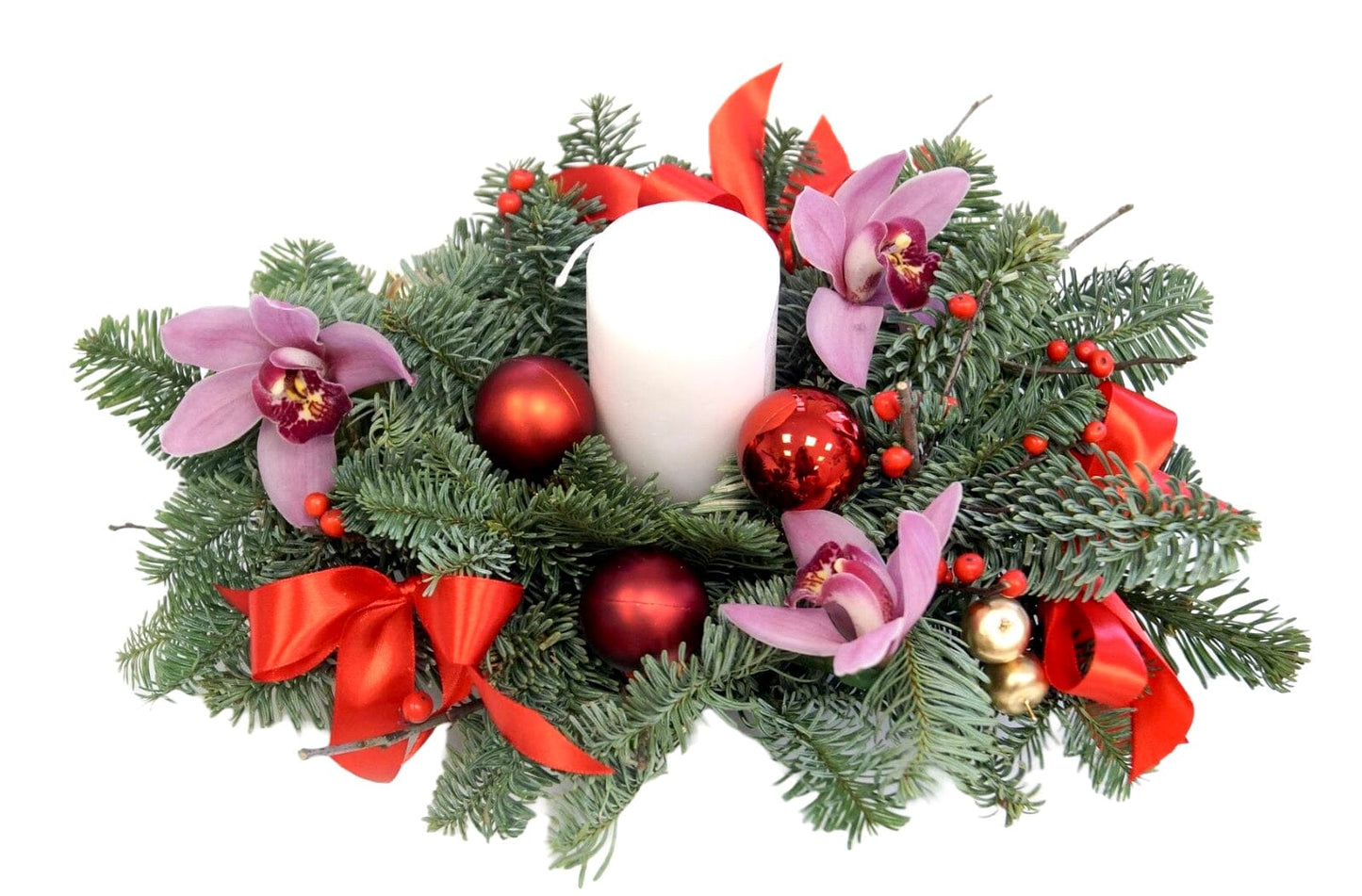 Christmas Fresh Centerpiece with Orchids and Baubles