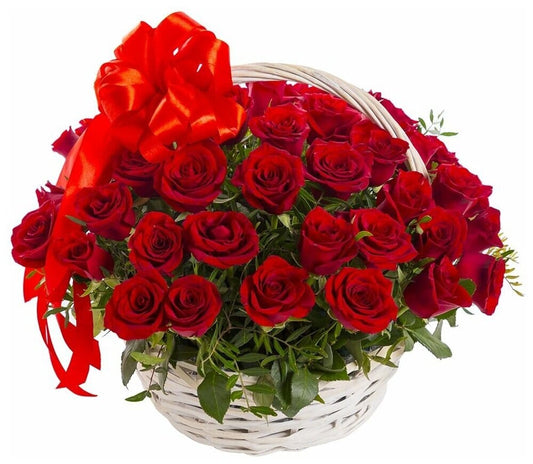 Classic Red Roses with Greenery Basket