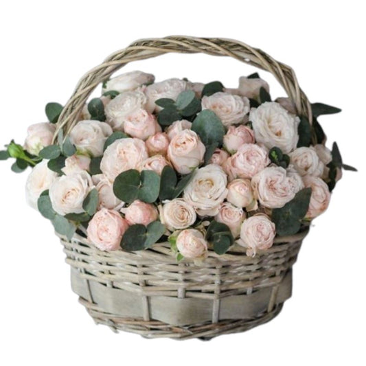 Light Pink Spray Roses with Eucalyptus Basket