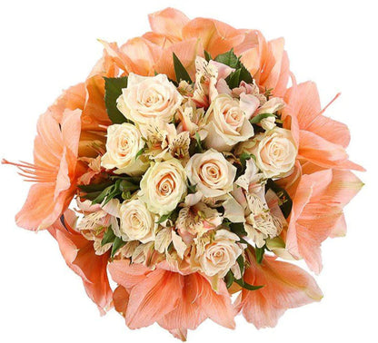 Peach Amaryllis and Cream Roses Bouquet