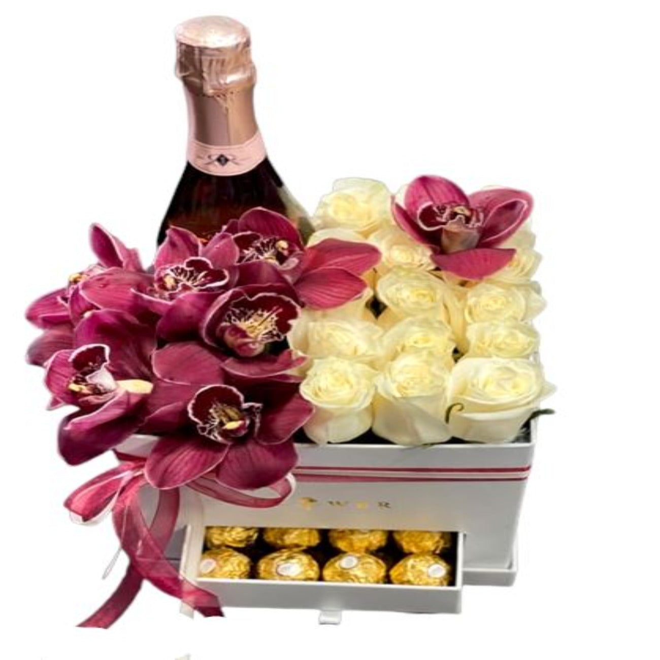 Roses and Cymbidium Flower with Chocolate Secret Box